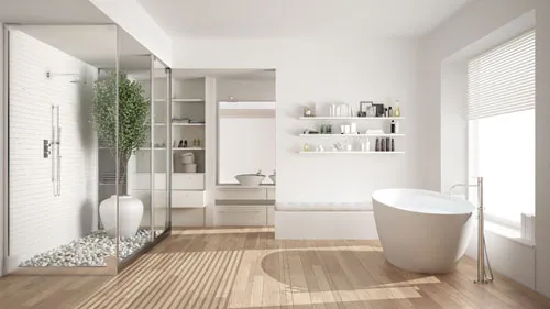 A bathroom with a pocket door