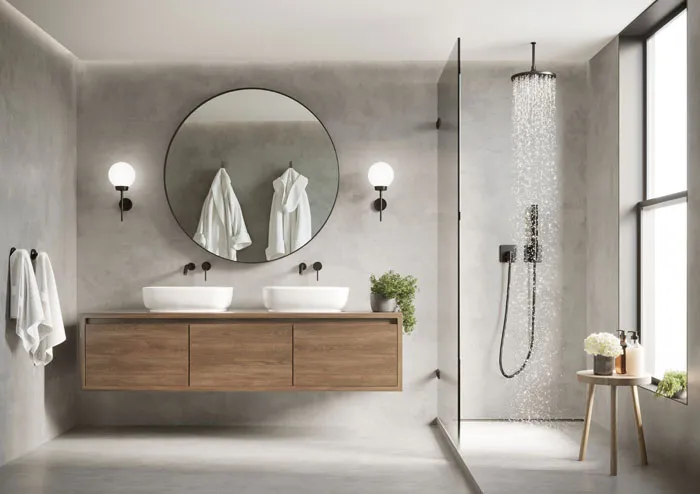 A spacious bathroom with rain shower