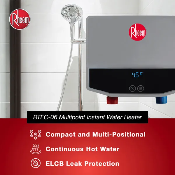 A brochure showing the main features of RTEC Multipoint Instant Water Heater